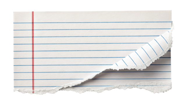 a close-up photograph of a torn piece of lined notebook paper isolated on white background.