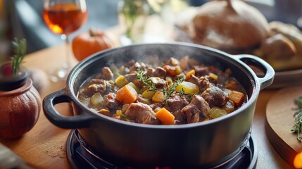 Hearty stew simmering in a dark pot.