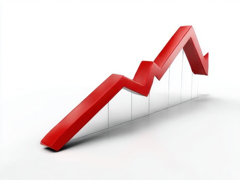 Red downward arrow isolated on white background, concept for financial decline, loss, or failure. use cases: presentation, report.