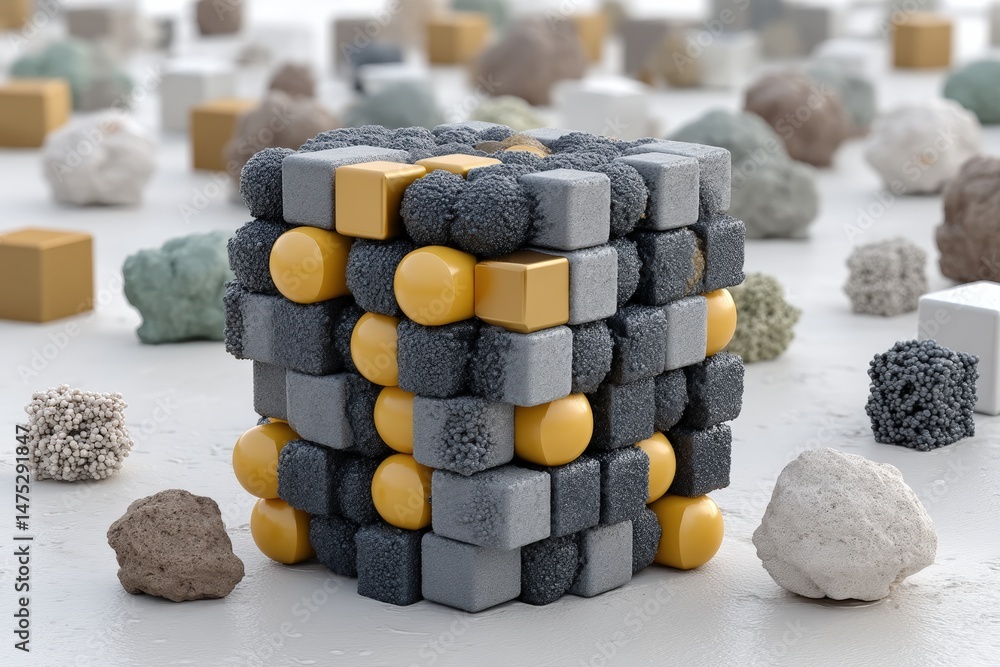 Poster a geometric cube composed of textured gray blocks and smooth yellow spheres, surrounded by various r