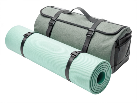 Travel yoga mat PNG, foldable yoga mat PNG, compact exercise mat PNG, fitness gear PNG, transparent background image