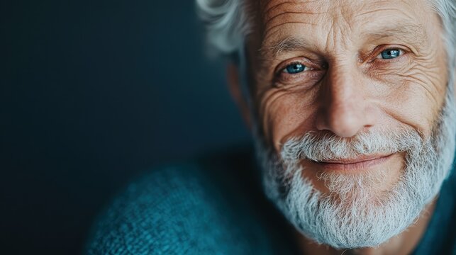 An elderly man with a warm smile and distinct grey beard radiates wisdom and kindness against a soft background, inviting viewers to find warmth and comfort in his gaze.