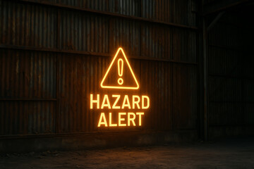 A bright neon sign displaying a 'Hazard Alert' warning in a dimly lit industrial setting. This image captures the importance of safety and awareness in work environments.