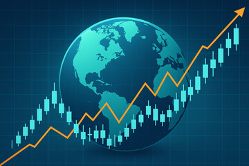 Fototapeta premium This image illustrates global market growth with an upward trend chart overlaying a globe, symbolizing financial progress, commerce, and economic development in today's world.