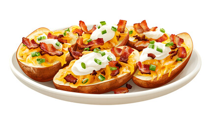 A realistic illustration of a plate of loaded potato skins with cheese, bacon, and sour cream, isolated on white background