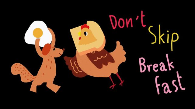 Cute cartoon of squirrel with egg and chicken with bread in "Don't Skip Breakfast" theme 

