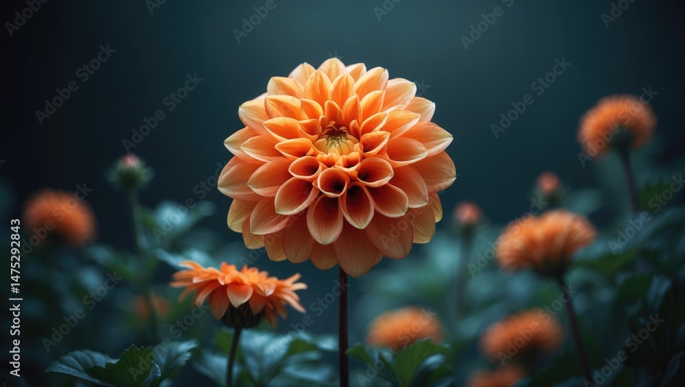 Poster detailed view of an orange blossom in a dark, moody setting with shallow depth of field and soft foc