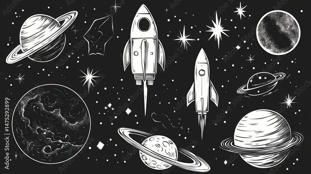 Poster space object. alien planet, ufo spaceship, astronaut rocket and missile cosmic object icon. fantasy 