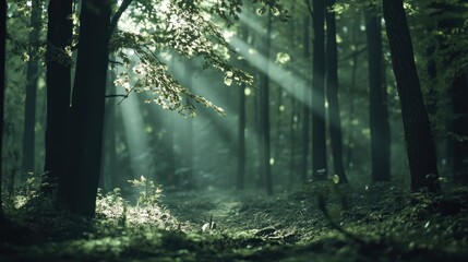 Obraz premium Sunlight streaming through dense forest canopy illuminating a serene woodland pathway