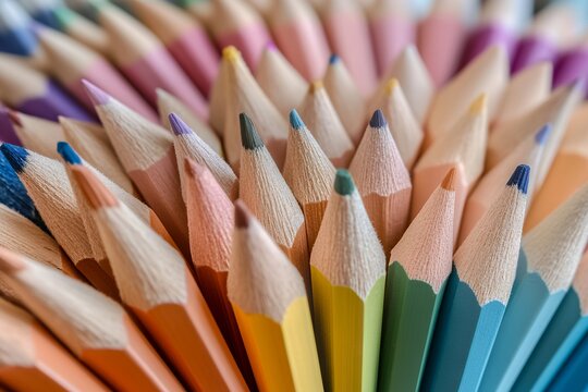 Colorful arrangement of sharpened multicolored pencils in circular pattern