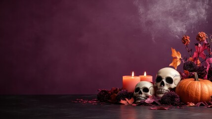 A chilling Halloween setup featuring skulls, candles, and autumn decorations creates a mysterious and spooky atmosphere that's perfect for Halloween festivities and gatherings.