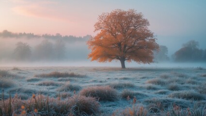 Cool late autumn morning featuring fresh frost. Fog envelops the field and frosted grass. Lovely landscape. Selective soft focus.