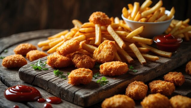 Fried chicken nuggets with a crispy exterior, served alongside French fries and ketchup