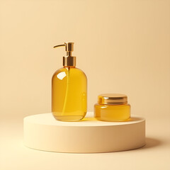 Amber Glass Soap Dispenser and Cream Jar with Gold Accents