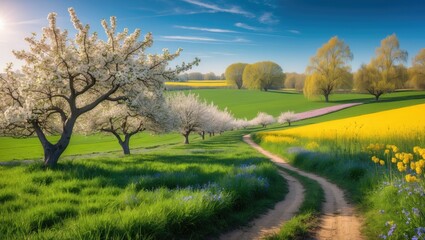 Fototapeta premium Panoramic view of multiple fields, meadows, orchards, and blossoming trees in spring