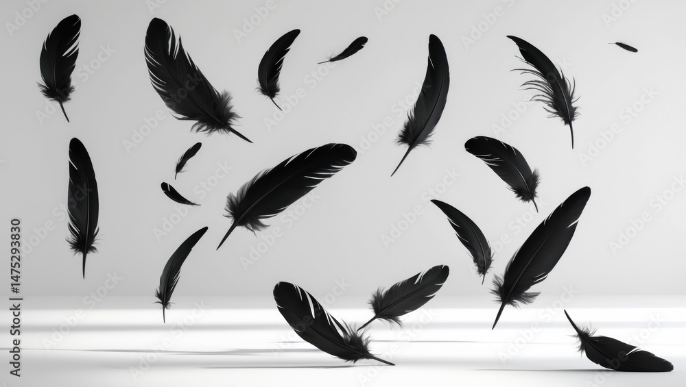 Poster floating black feather from a crow, isolated on background with a delicate appearance