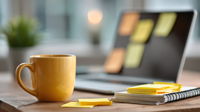 Laptop on table with sticky notes and coffee mug, ready for virtual meeting