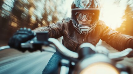 An exhilarating shot of a motorcycle rider speeding down a forested road, exemplifying freedom, thrill, and speed, perfect for adventure enthusiasts and adrenaline seekers themes.