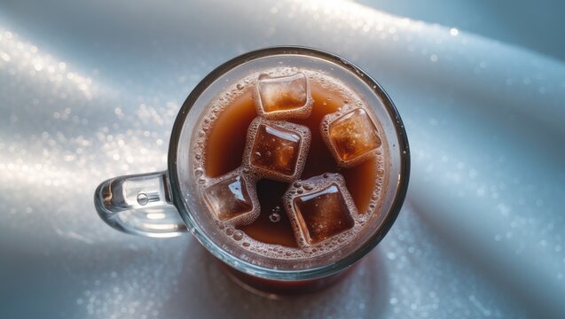 Top-down view of iced chocolate drinks in brown color.