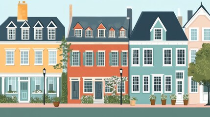 Fototapeta premium Colorful row of charming residential houses with unique architectural features and lush greenery