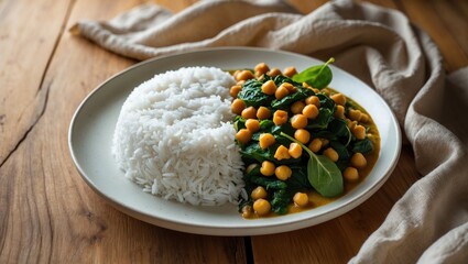 Vegan spinach and chickpea curry accompanied by basmati rice