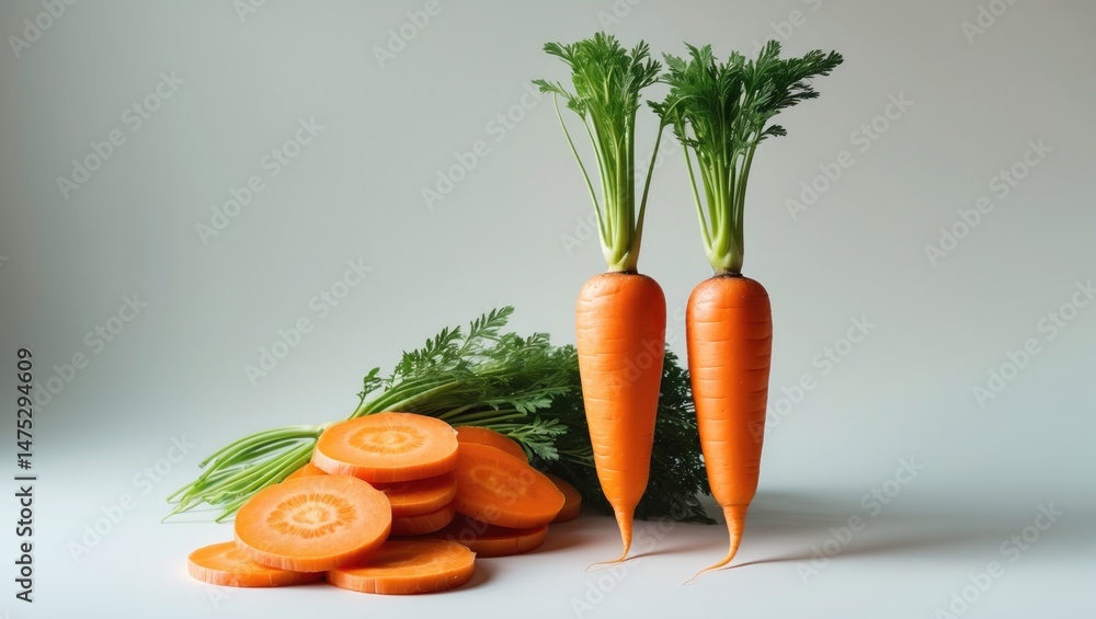 Poster set of isolated carrots and slices, macro studio photography, clipping path, background
