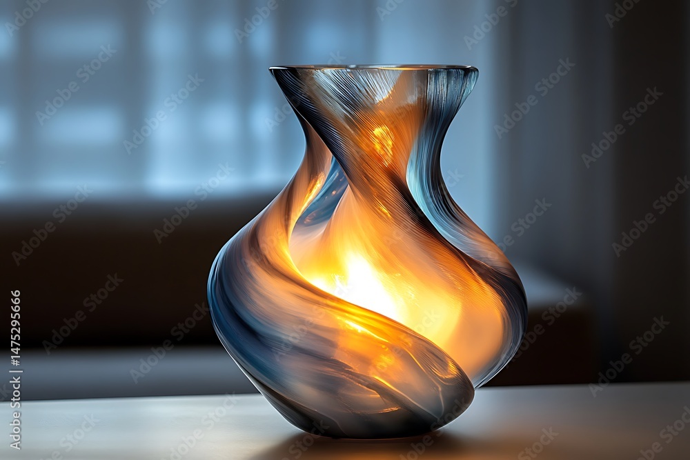 Poster modern abstract resin vase with twisted form displayed under soft ambient lighting
