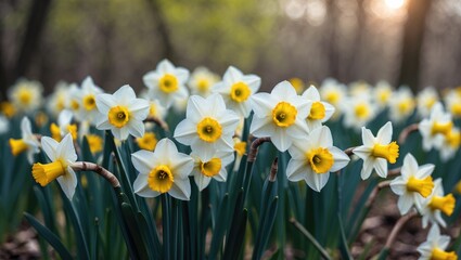Spring floral scene with blooming daffodils and greenery