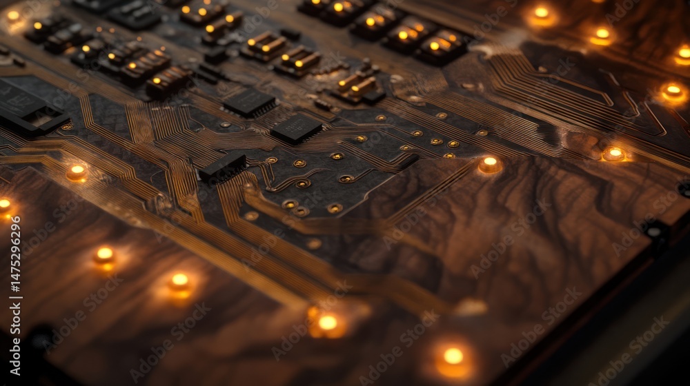 Poster close-up circuit board with embedded lights