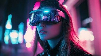 Fototapeta premium Woman wearing futuristic augmented reality glasses in a high-tech urban environment at night