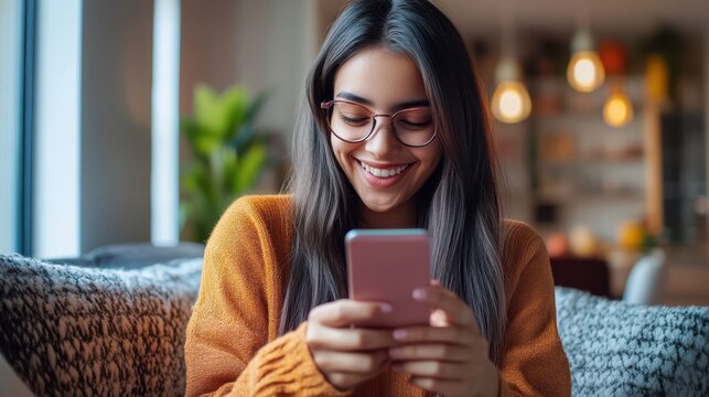 Happy hispanic teen girl holding cell phone using smartphone device at home. Smiling young latin woman blogger subscribing new social media, buying in internet, ordering products online in apps. illu