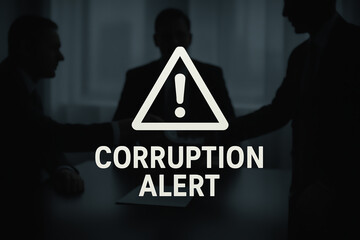 This image highlights the theme of corruption in business, featuring a warning alert