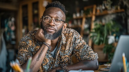 Male entrepreneur working from a home office, laptop on desk, organizing thoughts and planning strategies