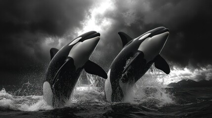 Orcas leaping in stormy seas