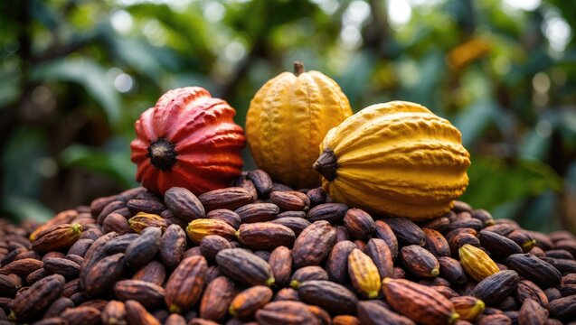 Plantation in the background featuring cocoa fruits and raw cocoa beans