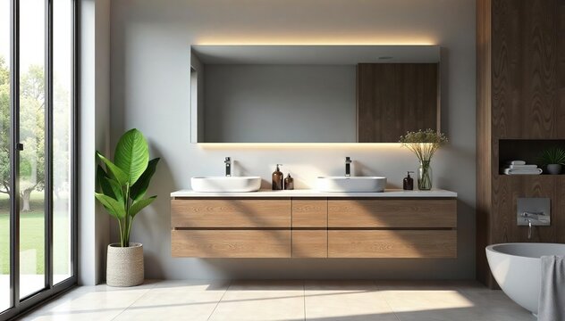 Modern bathroom vanity with sleek countertop and ample storage Perfect for contemporary bathroom design , spacious, wood