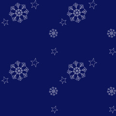 Winter snowflakes and stars pattern on dark blue background. Elegant holiday design with snowflakes and stars, perfect for Christmas and winter-themed projects.