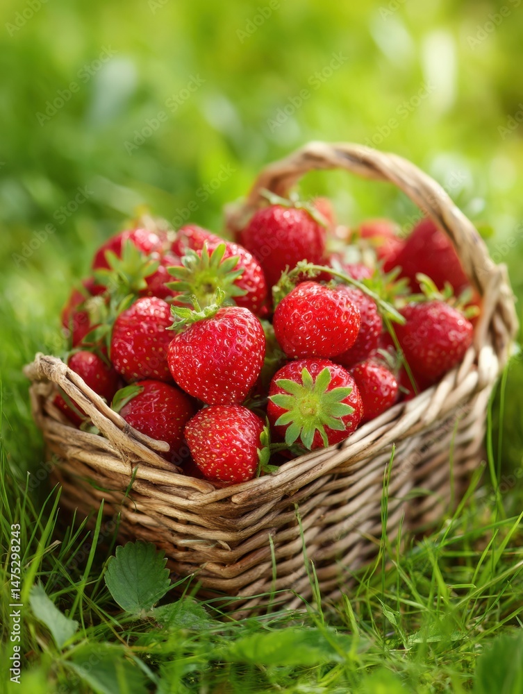 Poster fresh strawberries in a woven basket resting on green grass with ample space on the right side for c