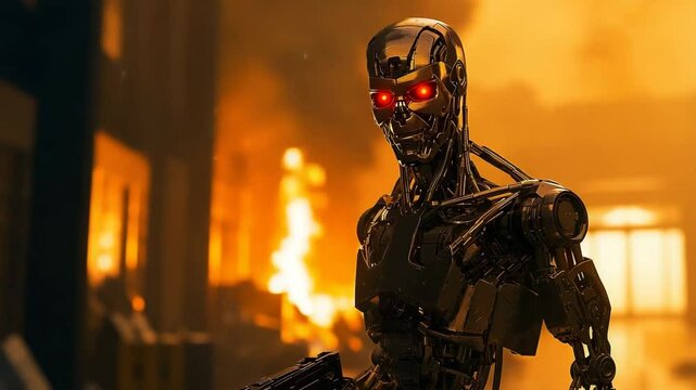 Close-up of a highly advanced robot standing in a warehouse on fire