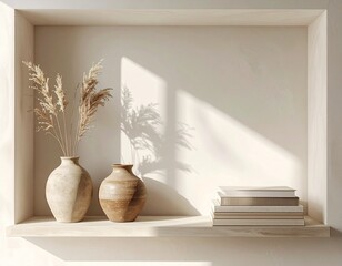 A minimalist shelf design with clay pottery, stacked neutral books, abstract deco