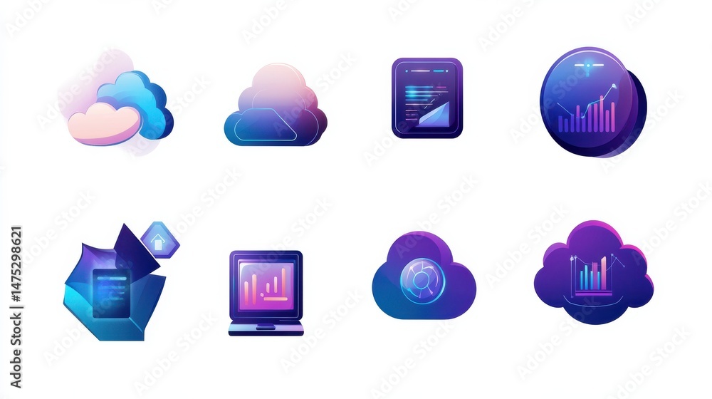 Aufkleber software engineering, franchise building, cloud computing icons set. back end development, enterpris