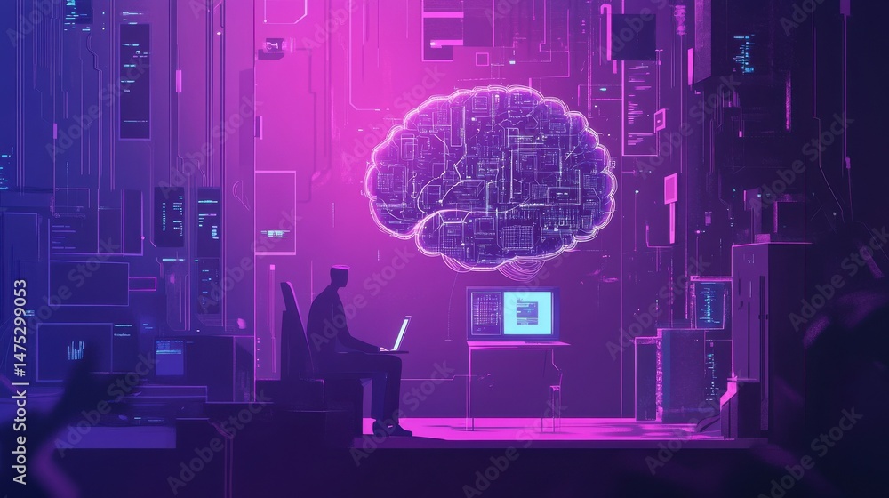 Poster brain with digital circuit and programmer with laptop. machine learning, artificial intelligence, di