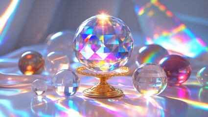Colorful Light Refraction in Quartz Crystal Balls on a Holographic Background