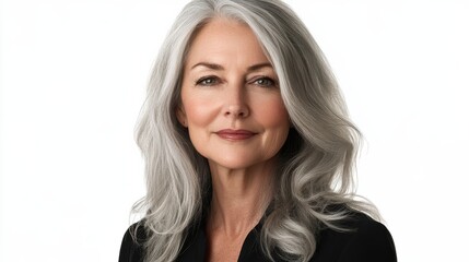 Naklejka premium Smiling beautiful mature business woman standing isolated on white background. Older senior businesswoman, 60s grey haired lady professional coach looking at camera, close up face headshot portrait. 