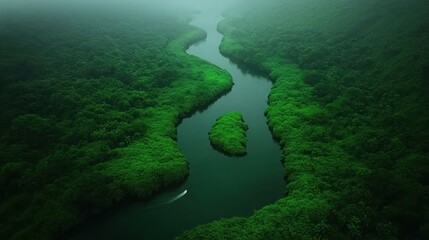 A winding river flows through dense green forest landscape