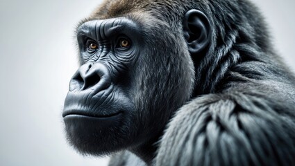 Fototapeta premium Close-up of a male gorilla's face with black hair and expressive eyes against a plain white background