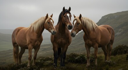 Fototapeta premium Horses Standing Together on a Grassy Hillside on a Cloudy Day