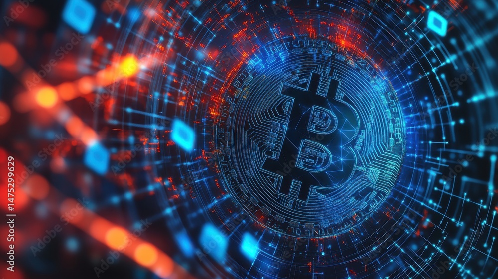 Poster blockchain technology futuristic hud background with world globe and blockchain polygon peer to peer