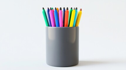 Fototapeta premium colorful markers in grey cup on white background
