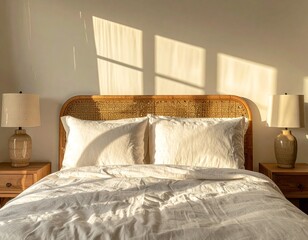 A serene bedroom scene with soft linen bedding, a rattan headboard, warm sunlight 